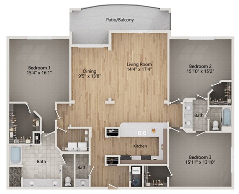 A floor plan of a home with a living room, dining room, kitchen, and three bedrooms.